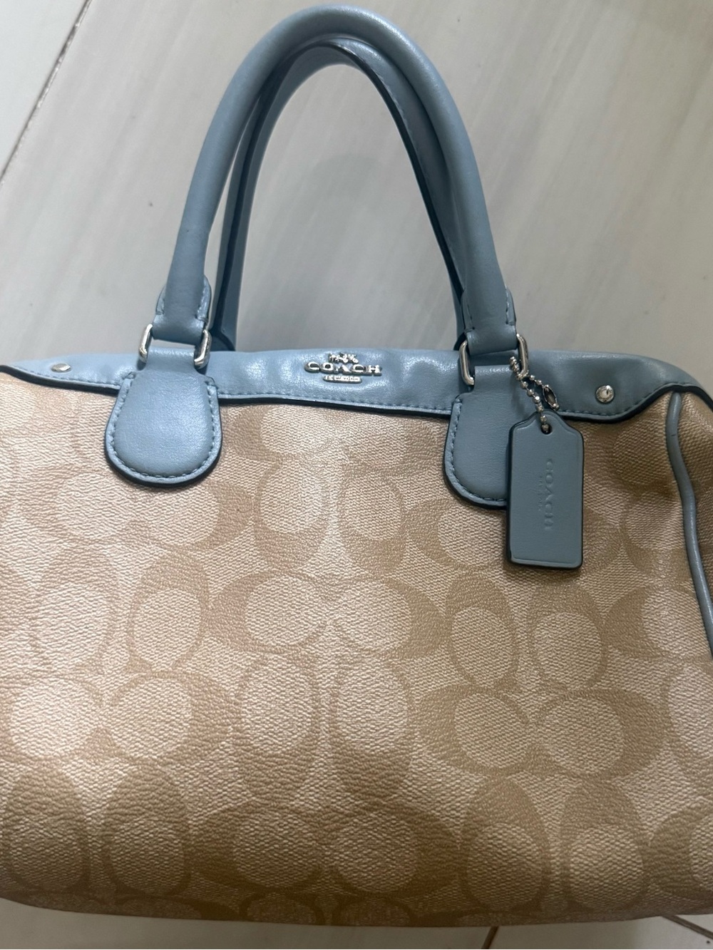 Coach Tan Signature Canvas Satchel with Blue Leather Trim